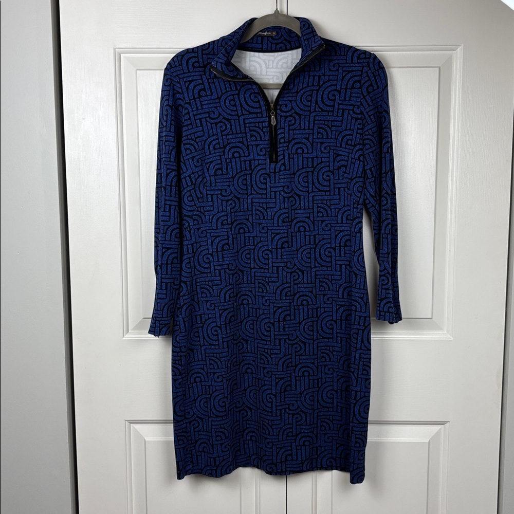 J. McLaughlin Black and Blue Geometric Zip-Up Dress - M